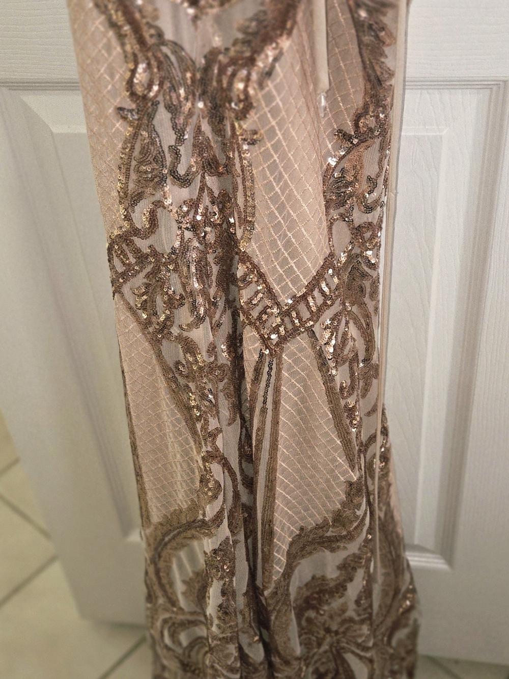 Embellished Nude Maxi Dress with Gold Sequin Detail